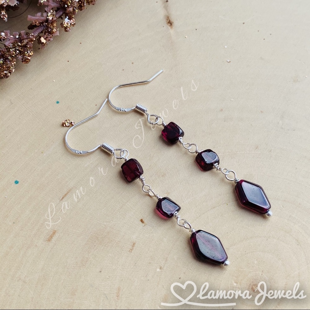Garnet Gemstone Sterling Silver Dangle Earrings